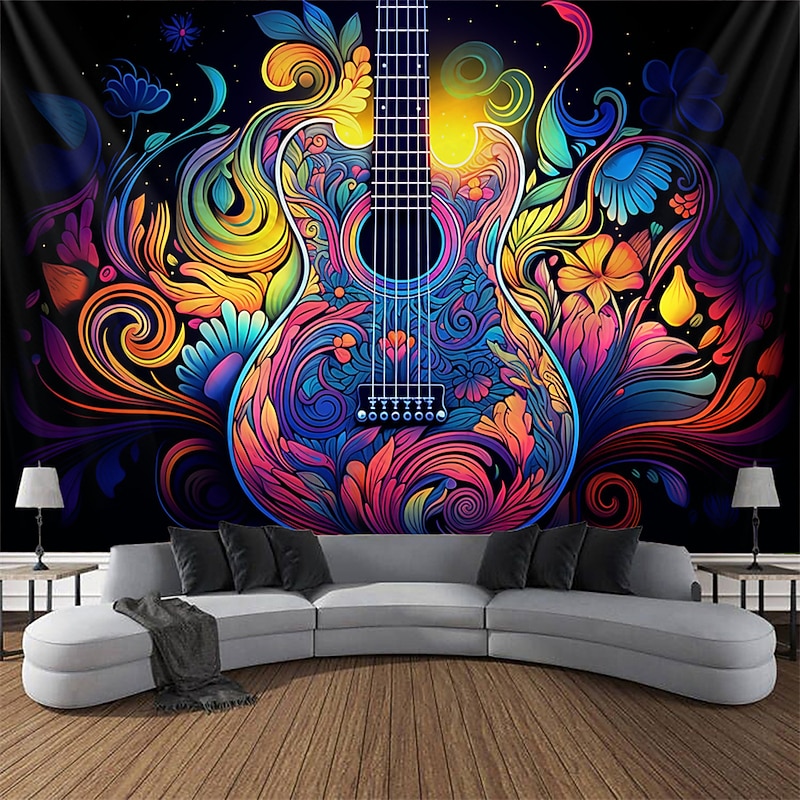 Blacklight Tapestry UV Reactive Glow in the Dark Glow Party Neon Trippy Misty Guitar Rock Hanging Tapestry Wall Art Mural for Living Room Bedroom2