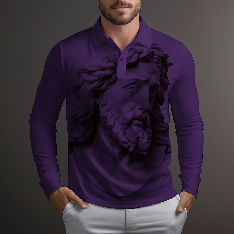 Men's Christian Polo Shirts Golf Shirt Long Sleeve Polo Shirts Collared Shirts Casual Vacation Wear Party Outfits 3D Print Buttons Fall & Winter White Red Blue3