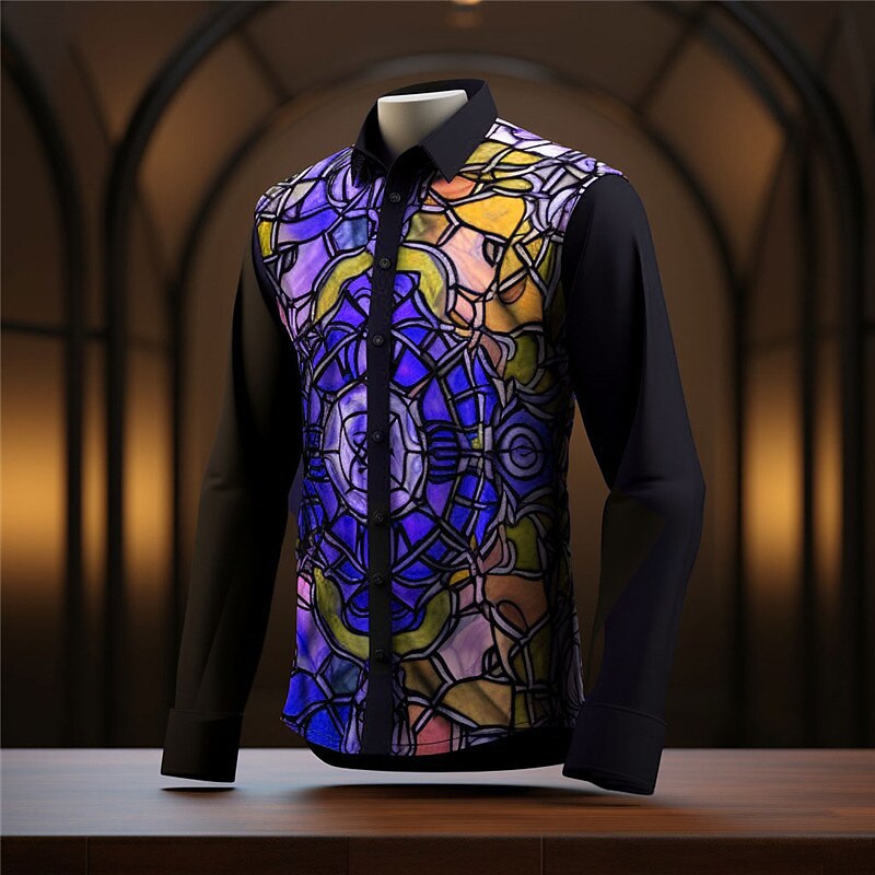 Men's Color Block Colorful Shirt Button Up Shirt Long Sleeve Artistic Abstract Daily Wear Going out Fall & Winter Turndown Print Button-Down Red Blue Purple Orange3