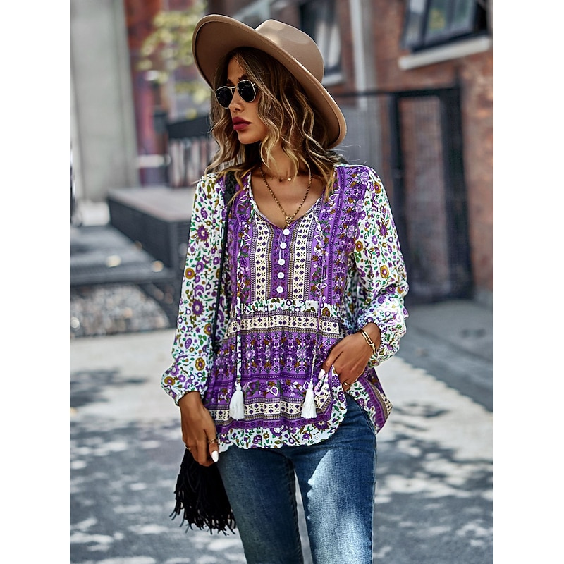 Women's Shirt Boho Shirt Lace Shirt Blouse Fashion Floral Lace up Print Long Sleeve Regular Tops V Neck Casual Holiday Red Navy Blue Blue Purple Green Spring &  Fall2
