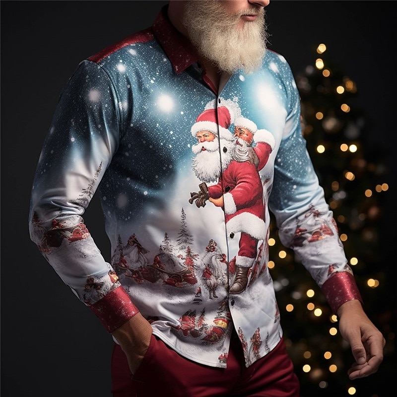 Christmas Men's Santa Claus Printed Shirts Santa Claus Casual Daily Wear Going out Fall & Winter Turndown Long Sleeve Navy Blue, Blue, Sky Blue S, M, L 4-Way Stretch Fabric Shirt3
