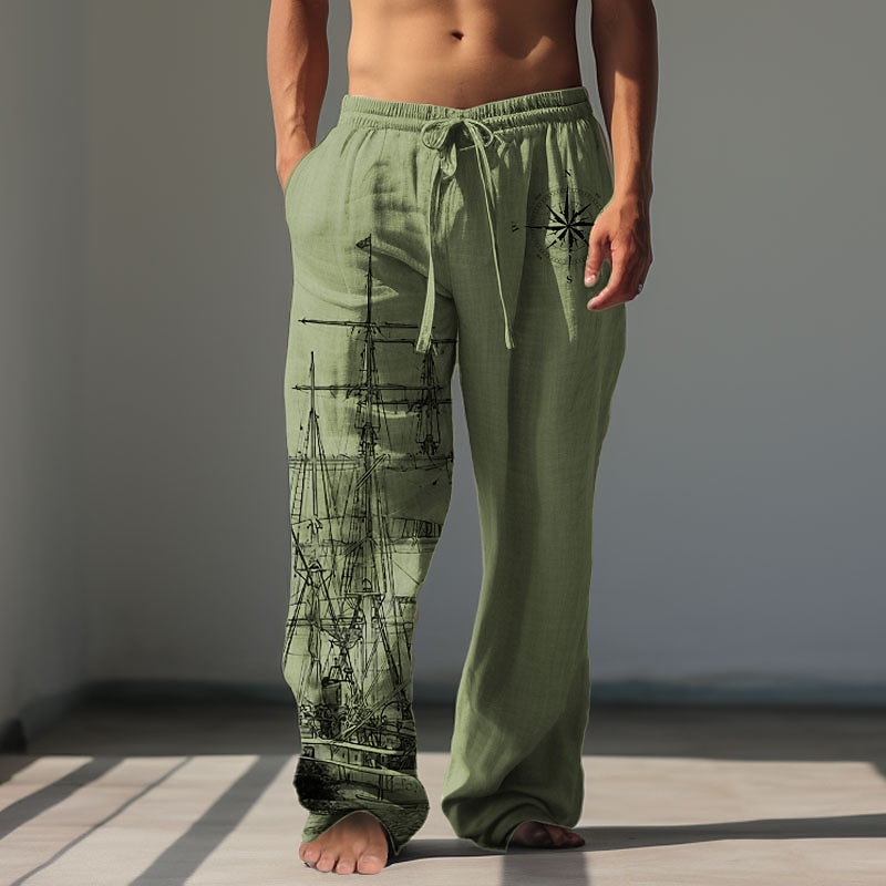 Men's Ship Linen Pants Pants Trousers Baggy Pants Mid Waist Vintage Outdoor Daily Wear Streetwear Fall & Winter Blue Green Khaki4