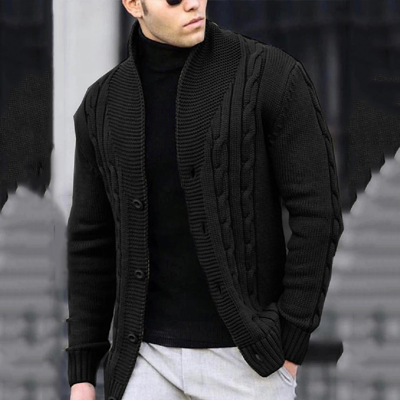 Men's Cardigan Sweater Cropped Sweater Cable Knit Regular Button Up Plain Lapel Vintage Warm Ups Casual Daily Wear Clothing Apparel Fall Winter Black White S M L3