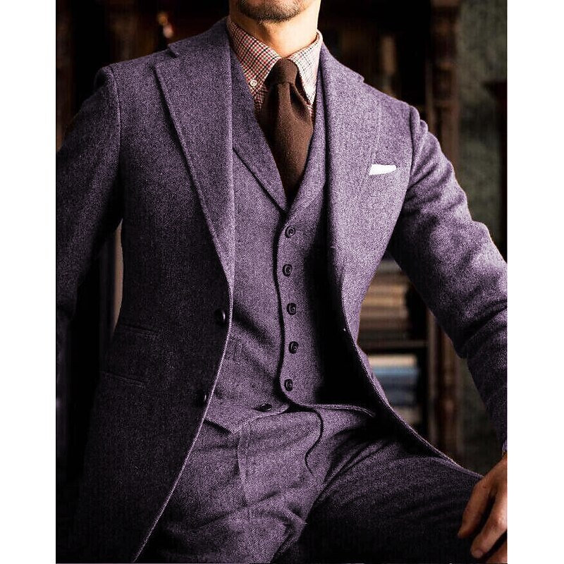 Men's Wedding Tweed Suits Notch Purple Khaki Daily Business Solid Colored Plus Size 3 Piece Single Breasted Two-buttons4