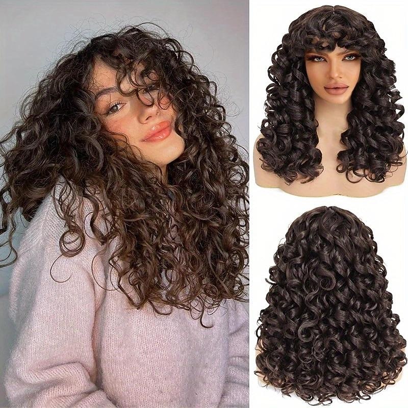 Big Curly Wigs For Women Short Curly Afro Wigs With Bangs Big Bouncy Fluffy Synthetic Fiber Hair Wigs For Cosplay Party Daily Wear 16 Inch