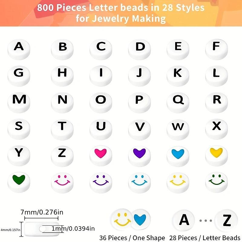 800pcs 28 Styles Letter Beads Colorful Smiling Face Beads Heart Beads Kit For DIY Bracelets Necklace Earrings Handicrafts Small Business Jewelry Making Supplies4