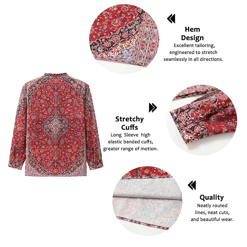 Men's Floral Vintage Shirt Linen Shirt Button Up Shirt Long Sleeve Fashion Streetwear Designer Outdoor Daily Summer Spring Fall Stand Collar Print Black+Black Yellow Wine Navy Blue Blue3