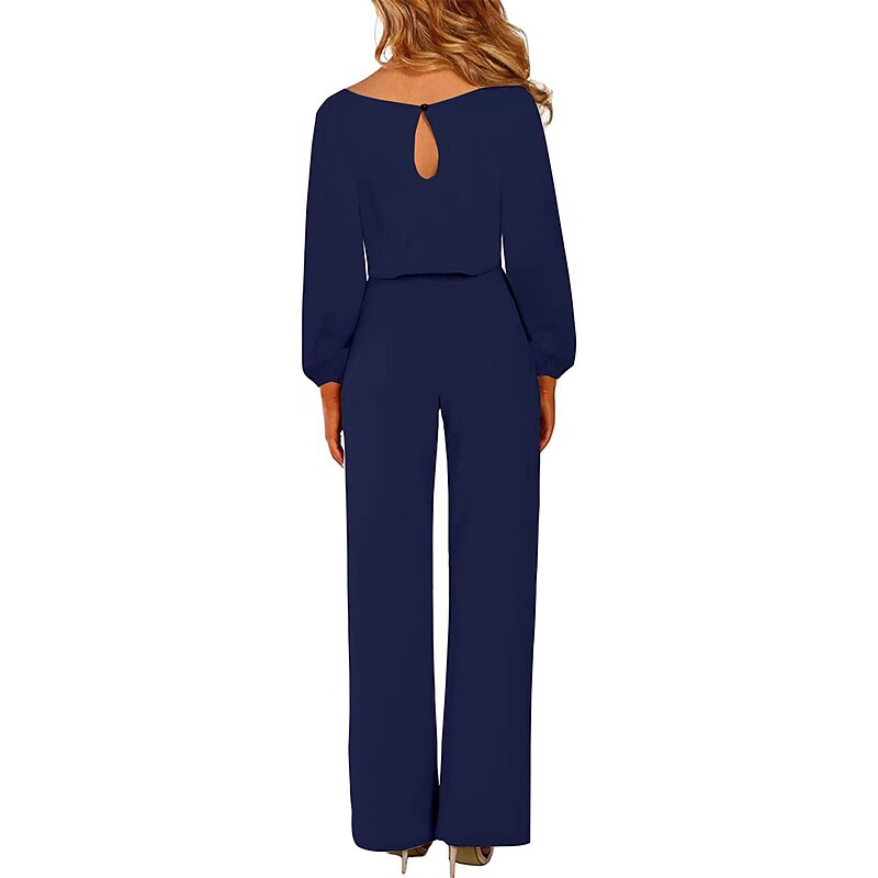 Women's Normal Jumpsuit Elegant Solid Color Long Sleeve Crew Neck Lace up High Waist Work Street Regular Fit Black Wine Navy Blue Fall4