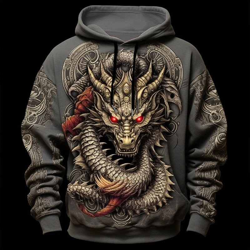 Men's Graphic Animal Dragon Hoodie Hoodies Sweatshirt Daily Basic Long Sleeve Hooded Vacation Sports Outdoor Holiday Black Yellow Print Front Pocket Spring &  Fall Designer