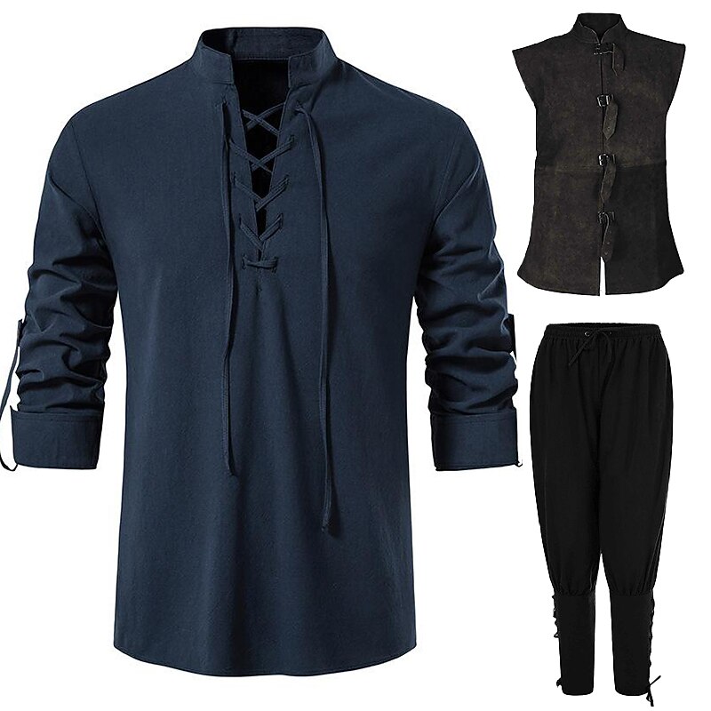 Set with Medieval Shirts Pirate Pants Vest 3 PCS Outfits Knight Ritter Viking Celtic Knight  Men's Renaissance 17th Century Cosplay Costume LARP Party Casual Daily Renaissance Fair4