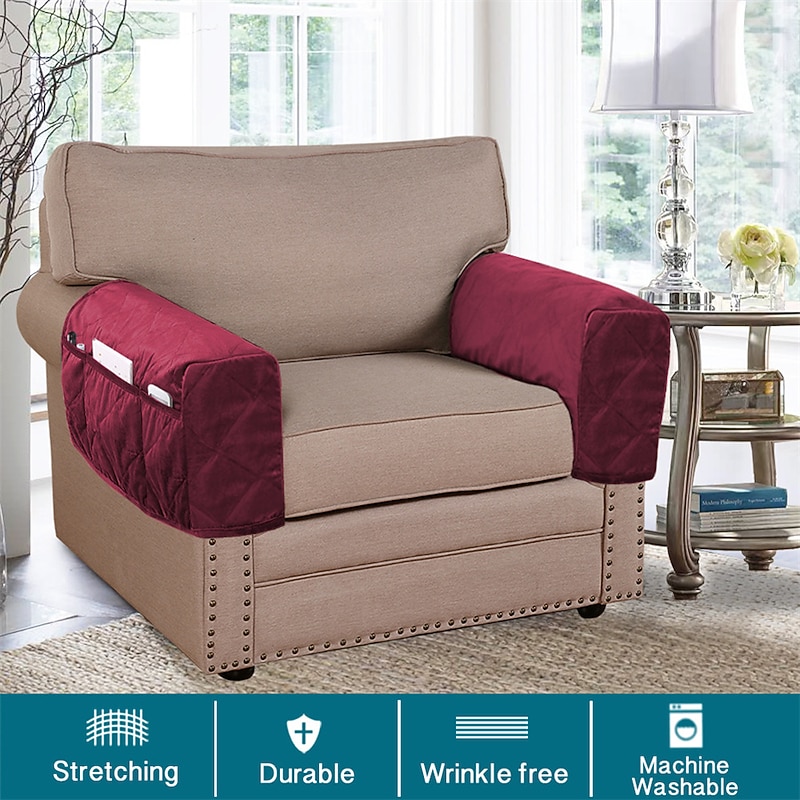 2 Pcs Armrest Covers for Chairs and Sofas Couch Arm Covers for Sofa Armrest Covers with Side Pocket Anti-Slip Furniture Protector Washable Armrest Slipcovers