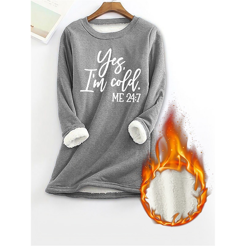 Women's Fleece Lined Pullover Sweatshirt Pajamas Yes Im Cold Letter Warm Comfort Soft Long Sleeve Crew Neck Home Daily Bed Gray Fall Winter
