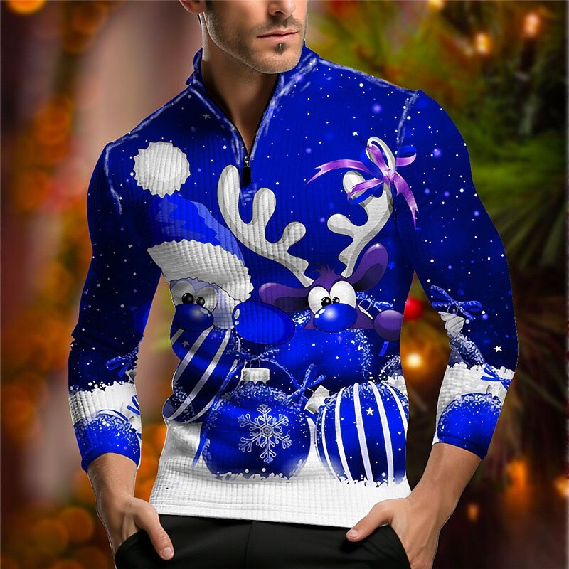 Christmas Men's Christmas animal 3D Zipper Polo Santa Claus Elk Casual Print 3D Waffle Zip Outdoor Casual Daily Streetwear Waffle Fabric Long Sleeve Zip Shirts Black Wine Fall & Winter S M L2