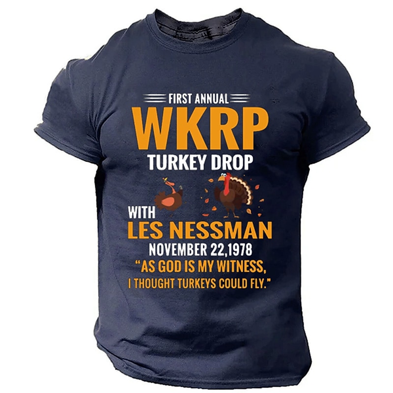 Men's WKRP Turkey Drop T-Shirt - Les Nessman "I Thought Turkeys Could Fly" Classic TV Show Funny Thanksgiving Quote Tee3