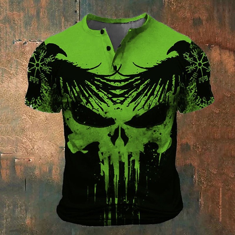 Men's Halloween Graphic Viking Skulls T Shirt Henley Shirt Short Sleeve 3D Print Fashion Retro Vintage Classic Sports Outdoor Holiday Going out Spring & Summer White Blue Red Green Henley Henley4