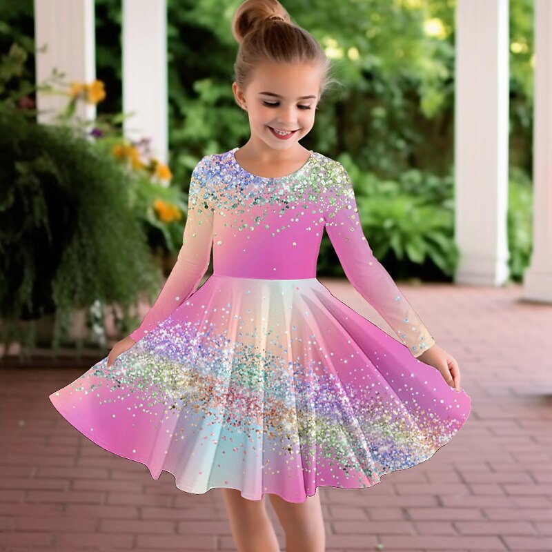 Girls' 3D Color Gradient Dress Long Sleeve 3D Print Fall Winter Vacation Sports & Outdoor Daily Cute Casual Beautiful Kids 3-12 Years Casual Dress A Line Dress Above Knee Regular Fit