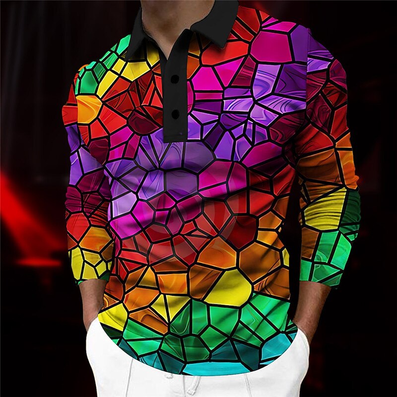Men's Graphic Polo Shirts Golf Shirt Long Sleeve Polo Shirts Collared Shirts Casual Vacation Wear Rave Wear Party Outfits 3D Print Buttons Fall & Winter Purple Green