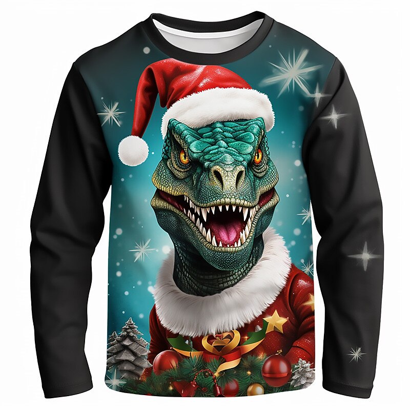 Christmas Boys 3D Dinosaur Tee Shirt Long Sleeve 3D Print Fall Winter Sports Fashion Streetwear Polyester Kids 3-12 Years Crew Neck Outdoor Casual Daily Regular Fit3