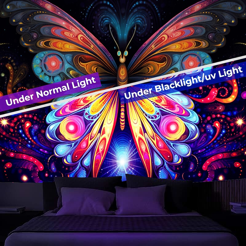 Blacklight Tapestry UV Reactive Glow in the Dark Glow Party Neon Trippy Misty Butterfly Hanging Tapestry Wall Art Mural for Living Room Bedroom4