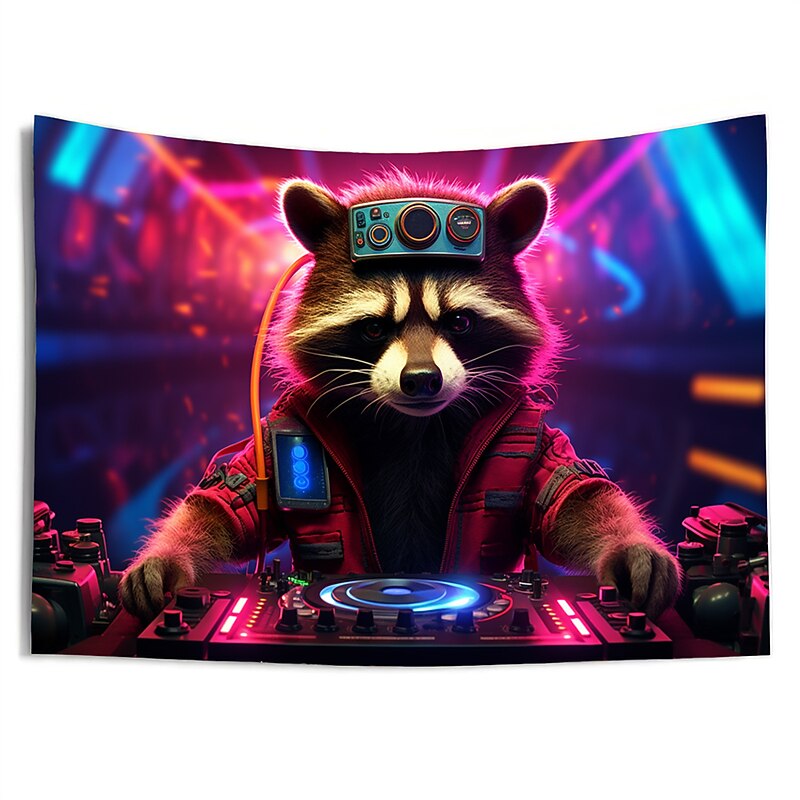 Blacklight Tapestry UV Reactive Glow in the Dark Glow Party Neon Trippy Misty DJ Raccoon Animal Hanging Tapestry Wall Art Mural for Living Room Bedroom4