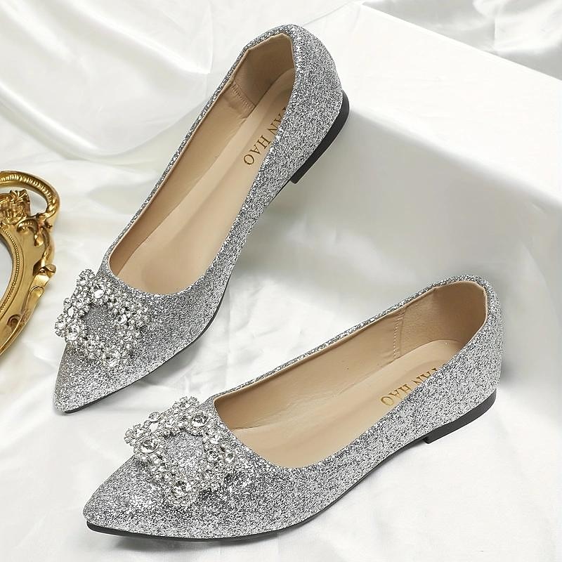 Women's Silver Glitter Flats with Rhinestone Embellished Buckle – Elegant Pointed Toe Shoes for Wedding, Parties and Special Occasions