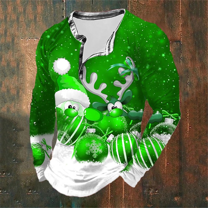 Christmas Men's Christmas Scene Henley T Shirt Graphic Santa Claus Moose Fashion Daily Casual 3D Print Henley Casual Holiday Going out Blue Red & White Green Long Sleeve Henley Spring &  Fall Clothing