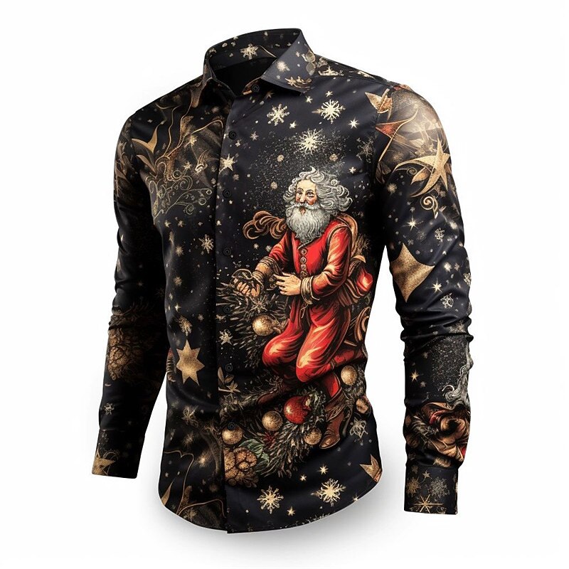 Christmas Men's Santa Claus Printed Shirts Santa Claus Casual Daily Wear Going out Fall & Winter Turndown Long Sleeve Black, Burgundy, Gold S, M, L 4-Way Stretch Fabric Christmas3