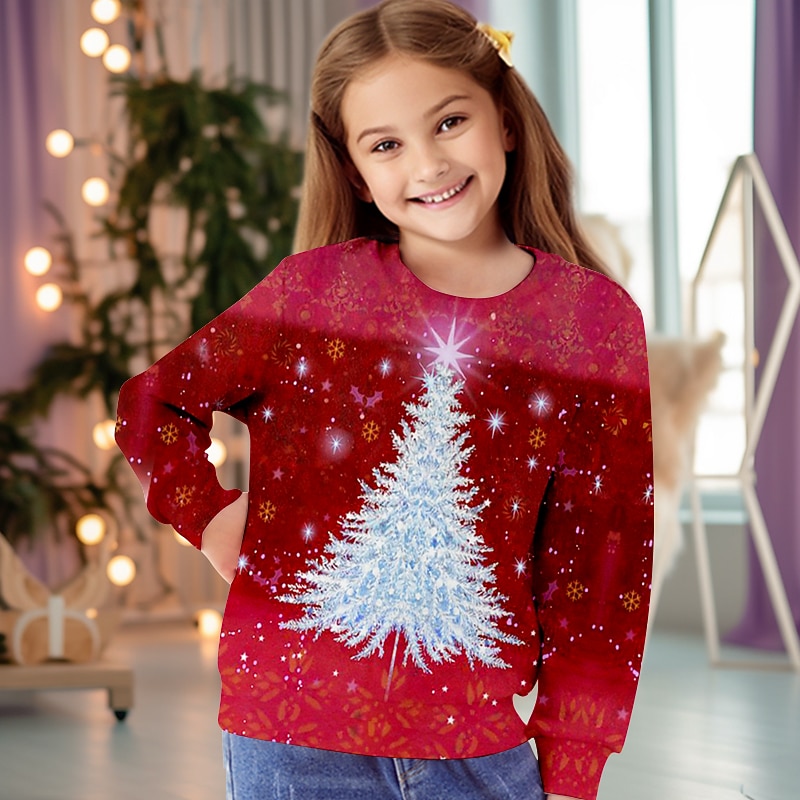 Girls' 3D Christmas Tree Christmas Sweatshirt Sweatshirt Pullover Long Sleeve 3D Print Fall Winter Fashion Streetwear Adorable Polyester Kids 3-12 Years 4-12 Years Crew Neck Outdoor Casual Daily3