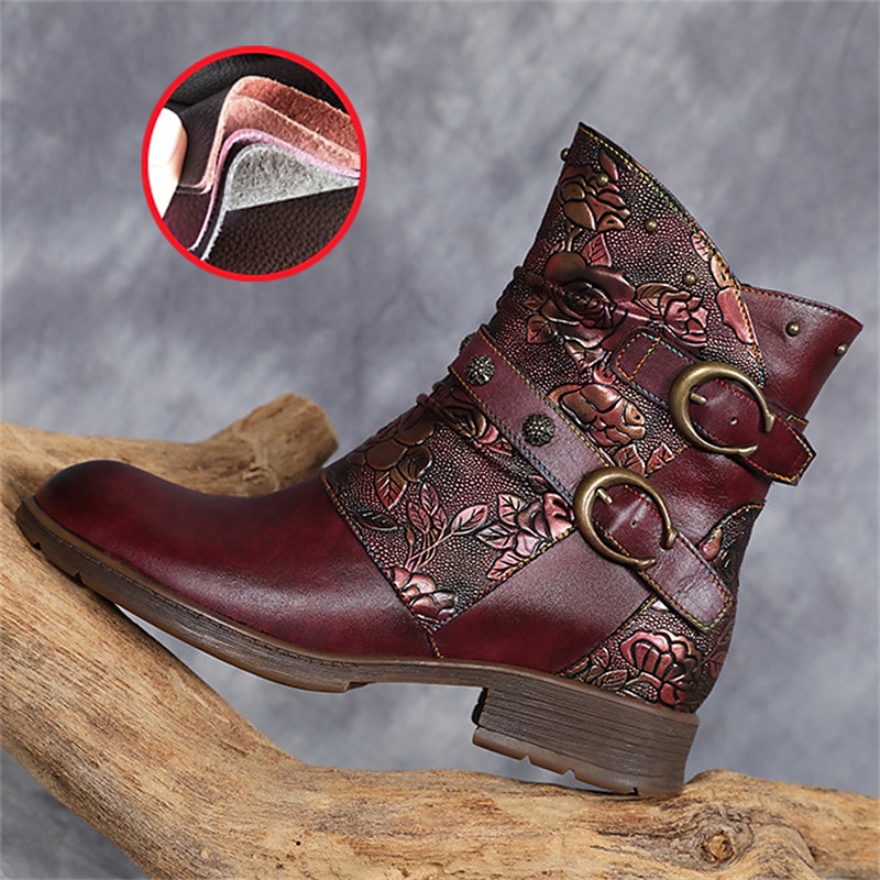 Women's Vintage Floral Embossed Leather Ankle Boots – Stylish Burgundy Buckle Strap Design for Fall & Winter Casual Wear2