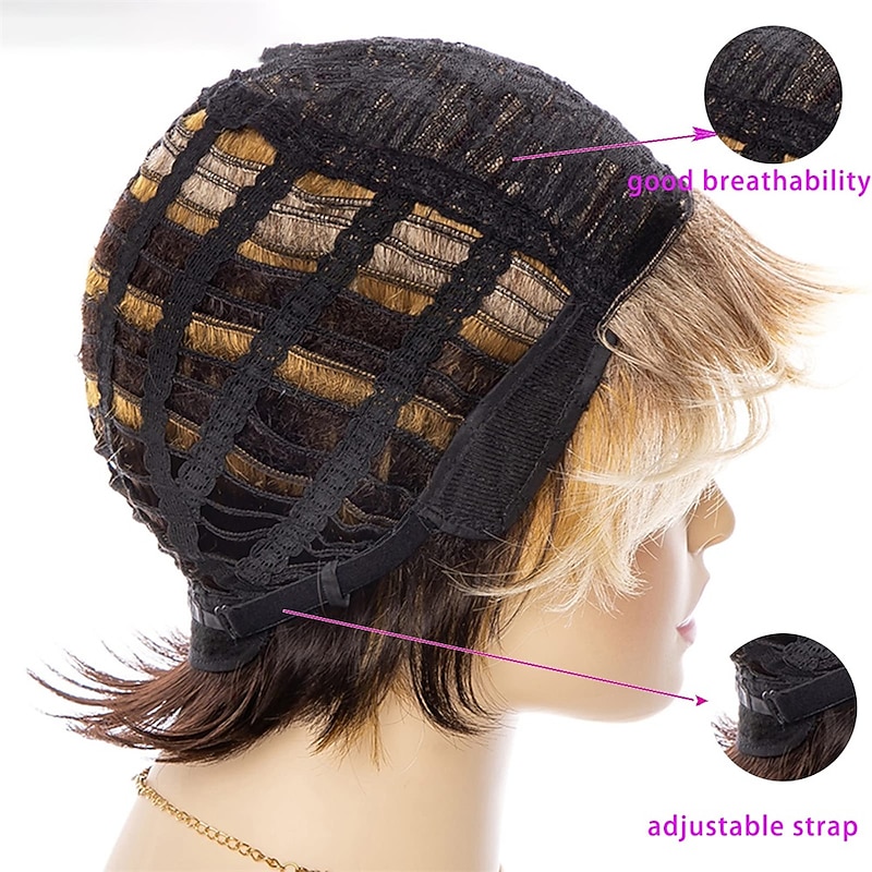 Curly Ombre Blonde Pixie Cut Wigs for White Women,Layered Wig Brown to Blonde Gradient Short Pixie Bob Cut Wig with Bangs Short Cute Wig for Women Highlight Wig(Ombre Brown to Blonde)4