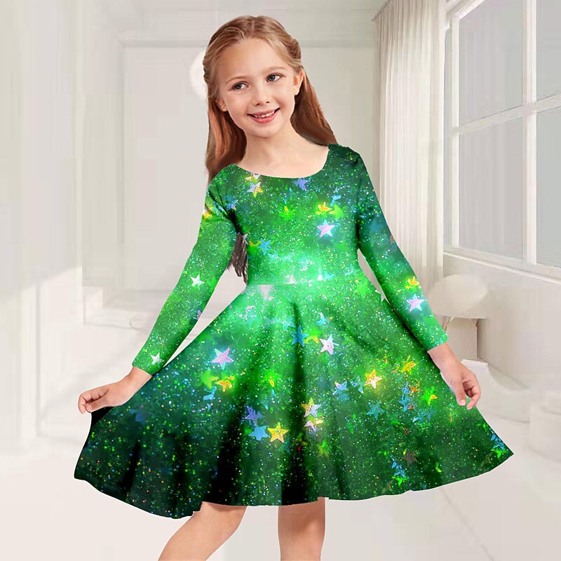 Girls' 3D Stars Dress Long Sleeve 3D Print Fall Winter Vacation Sports & Outdoor Daily Cute Casual Beautiful Kids 3-12 Years Casual Dress A Line Dress Above Knee Regular Fit4