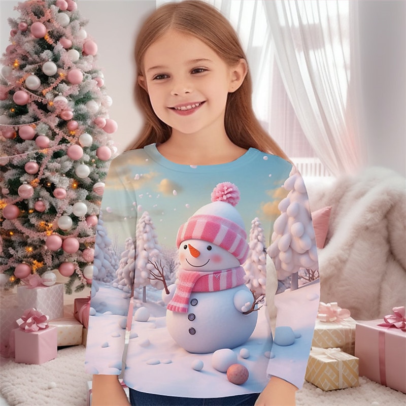 Girls' 3D Snowman Tee Shirt Pink Long Sleeve 3D Print Fall Winter Active Fashion Cute Polyester Kids 3-12 Years Crew Neck Outdoor Casual Daily Regular Fit3