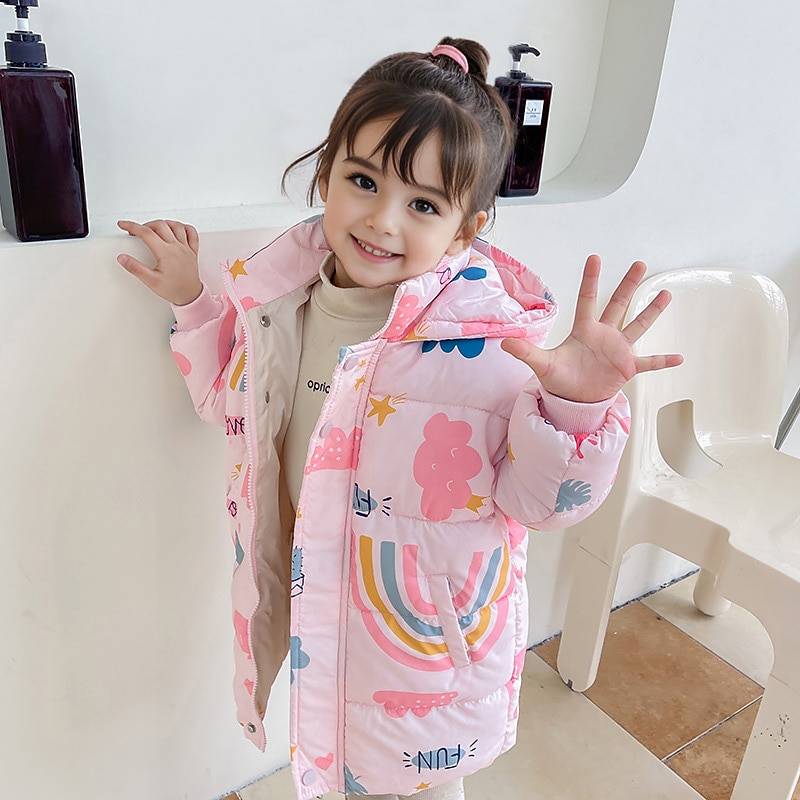 Kids Girls' Puffer Jacket Graphic Adorable School Coat Outerwear 2-8 Years Spring Pink rainbow White rainbow blue white moon