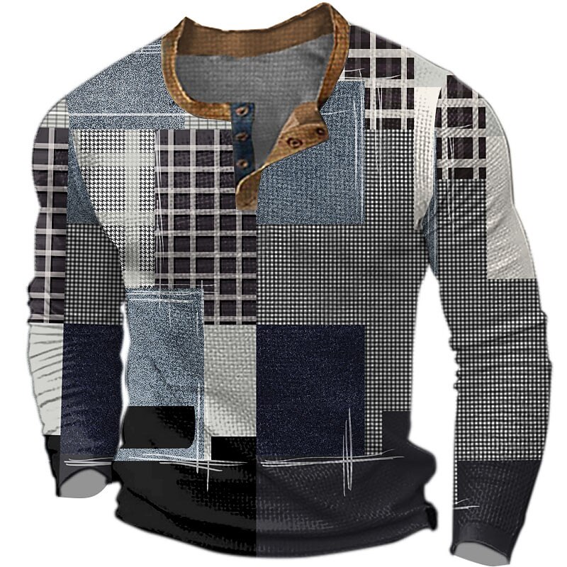 Men's Graphic Plaid Color Block Henley Shirt Waffle T Shirt Long Sleeve 3D Print Fashion Designer Retro Vintage Sports Outdoor Holiday Festival Spring &  Fall Burgundy Blue Green Gray Henley Henley