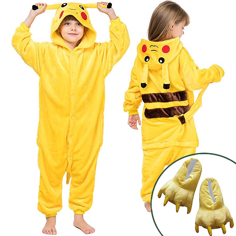 Set with Flannel Onesie Kigurumi Pajamas Claw Slippers 2 PCS Set Nightwear Camouflage Cute Pika Pika Cartoon Animal Kid's Unisex  Cozy Homewear