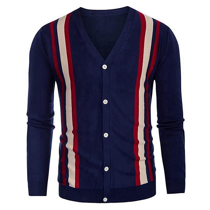 Men's Cardigan Sweater Knit Sweater Ribbed Knit Cropped Button Up Color Block V Neck Warm Ups Modern Contemporary Casual Daily Wear Clothing Apparel Fall Winter Dark Navy Brown M L XL