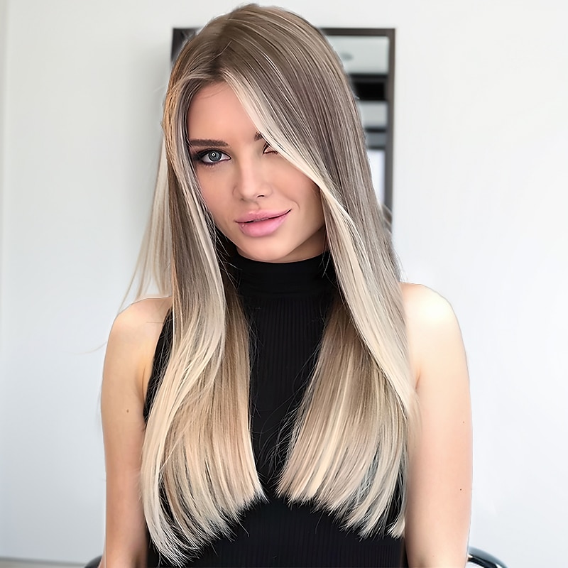 Brown Wigs for Women Blonde Long Light Golden Wigs Ombre Pink Wigs Synthetic Hair Highlighted Hair Dark Roots Wigs 26 Inch