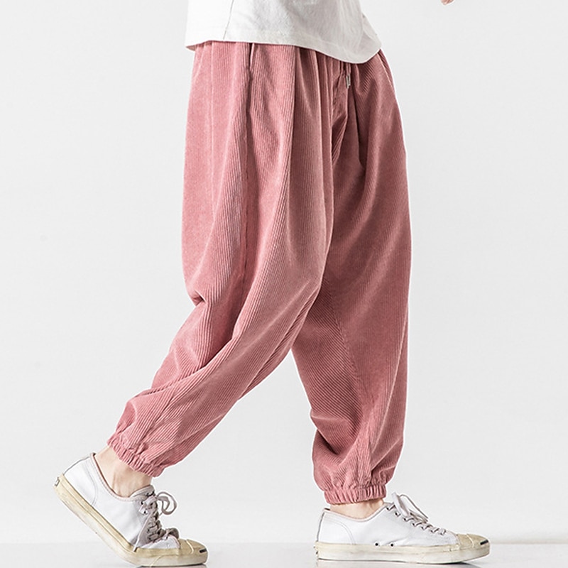Men's Sweatpants Corduroy Pants Carrot Pants Pocket Drawstring Elastic Waist Plain Comfort Breathable Outdoor Daily Going out Fashion Casual Black Pink3