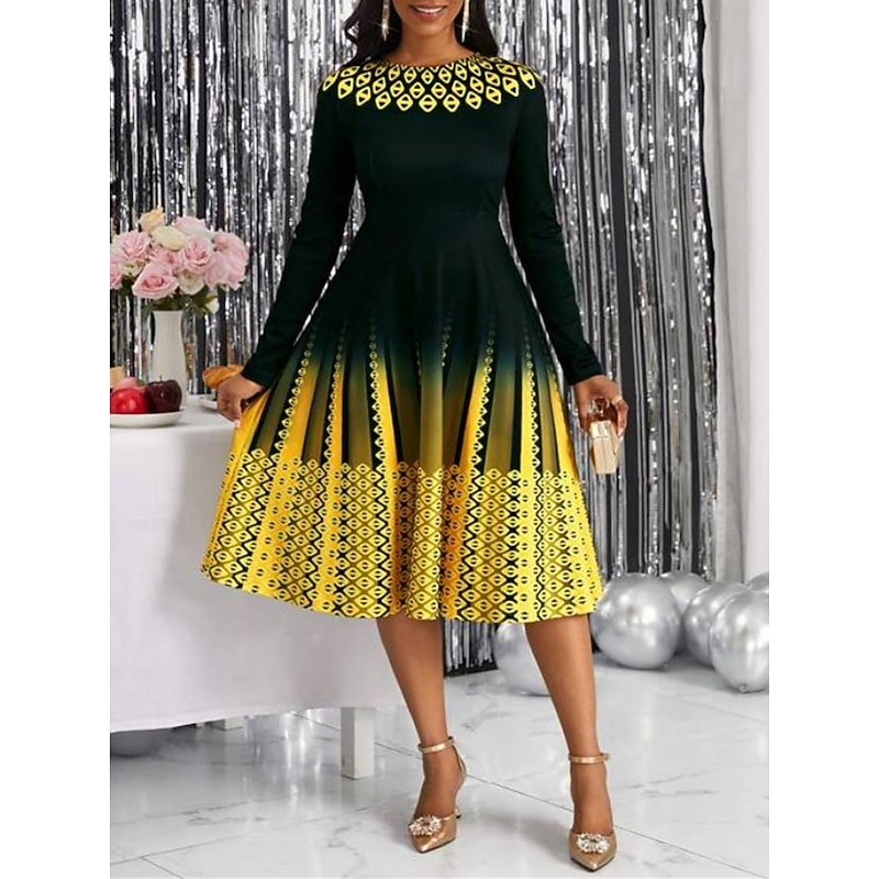 Women's Midi Dress A Line Dress Casual Dress Winter Dress Swing Dress Streetwear Modest Formal Vacation Party Regular Fit Geometric Color Block Long Sleeve Crew Neck Yellow Pink Blue Purple2