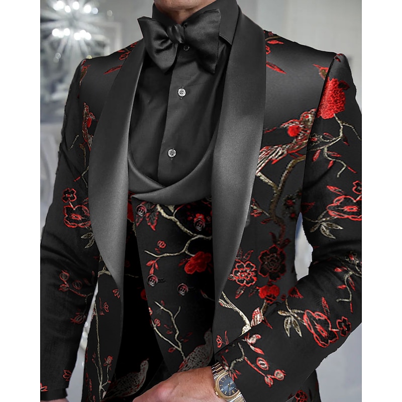 Men's Wedding Tuxedos Party Black+beige Navy Blue Jacquard Slim Fit 3 Piece Single Breasted One-button