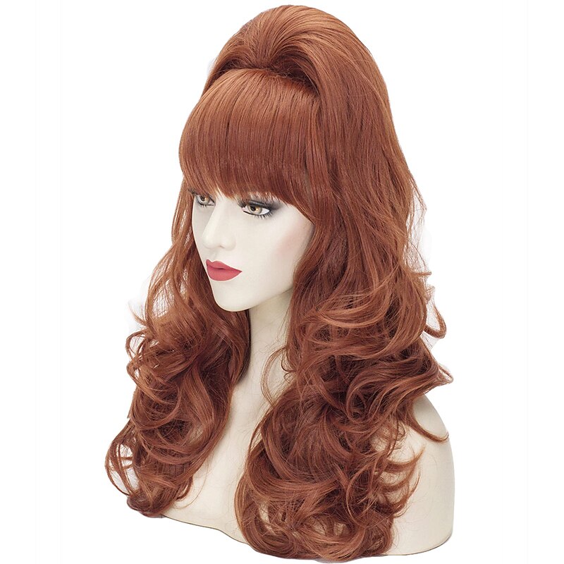 Brown Beehive Wigs for Women, Auburn Vintage Bouffant Wig, Long Copper Curly Victorian Fembot Wig, 50s 60s 70s Wigs for Women for Carnival Costume Party + Wig Cap Halloween Wigs2