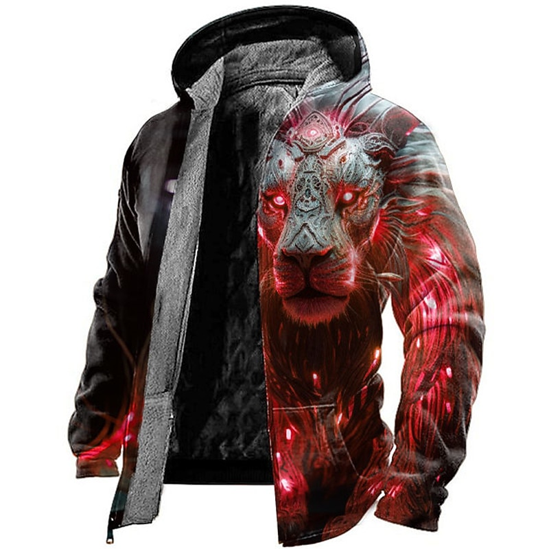 Men's Animal Lion Graphic Prints Hoodie Hoodies Sweatshirt Daily Classic Long Sleeve Hooded Vacation Holiday Going out Red Blue Fleece Winter Designer4