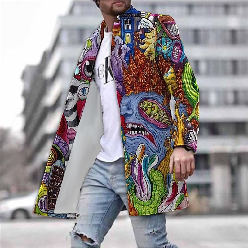 Men's Winter Coat Overcoat Coat Work Wear to work Warm Breathable Pocket Print Fall & Winter Abstract Graphic Prints Fashion Streetwear Turndown Long Regular Fit Yellow Blue Green Jacket