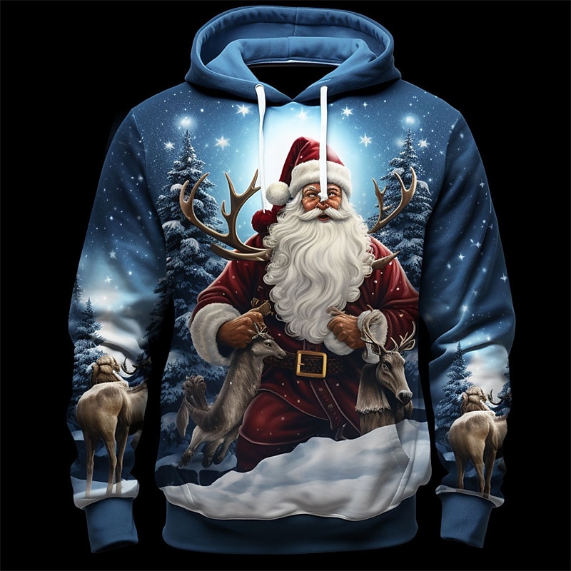Christmas Men's Santa Claus 3D Hoodies Graphic Santa Claus Fashion 3D Print  Sports Outdoor Holiday Hoodies Royal Blue Blue Long Sleeve Hooded Print Front Pocket Spring &  Fall Designer shirt3