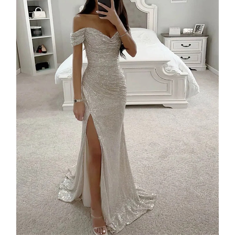 Beach Wedding Mermaid Prom Dresses Sequin Dress Formal Evening Party Sweep / Brush Train Sleeveless Cowl Neck with Ruched Slit Masquerade Dress
