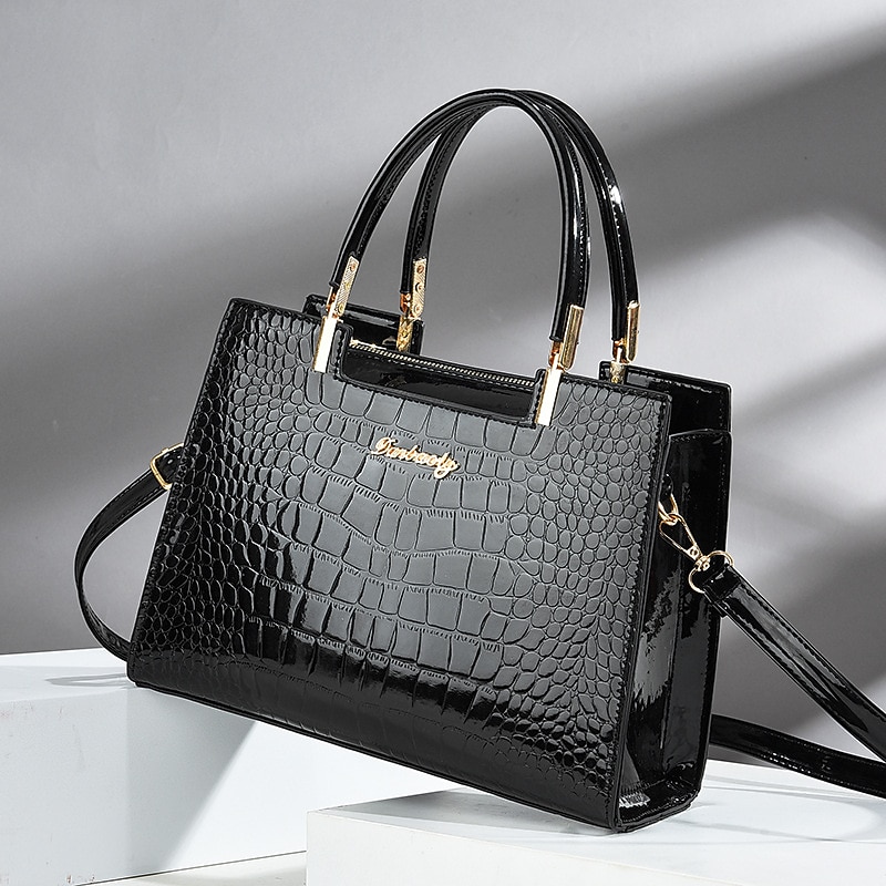 Women's Black Crocodile Pattern Leather Handbag | Elegant Tote Bag with Top Handles and Crossbody Strap | Perfect for Office, Business, and Formal Occasions4