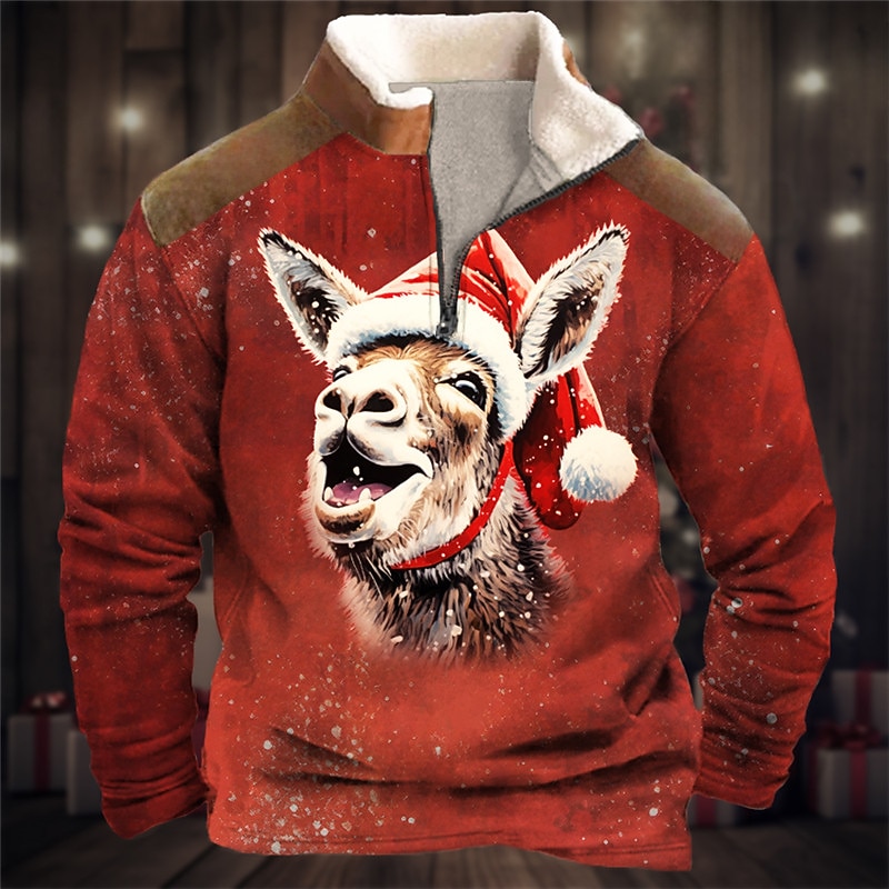 Men's Graphic Donkey Merry Christmas Sweatshirts Sweatshirt Sweatshirt Zip Sweatshirt Long Sleeve Sweatshirt Quarter Zip Daily Basic Casual 3D Print Holiday Vacation Going out Print Fleece Fall2