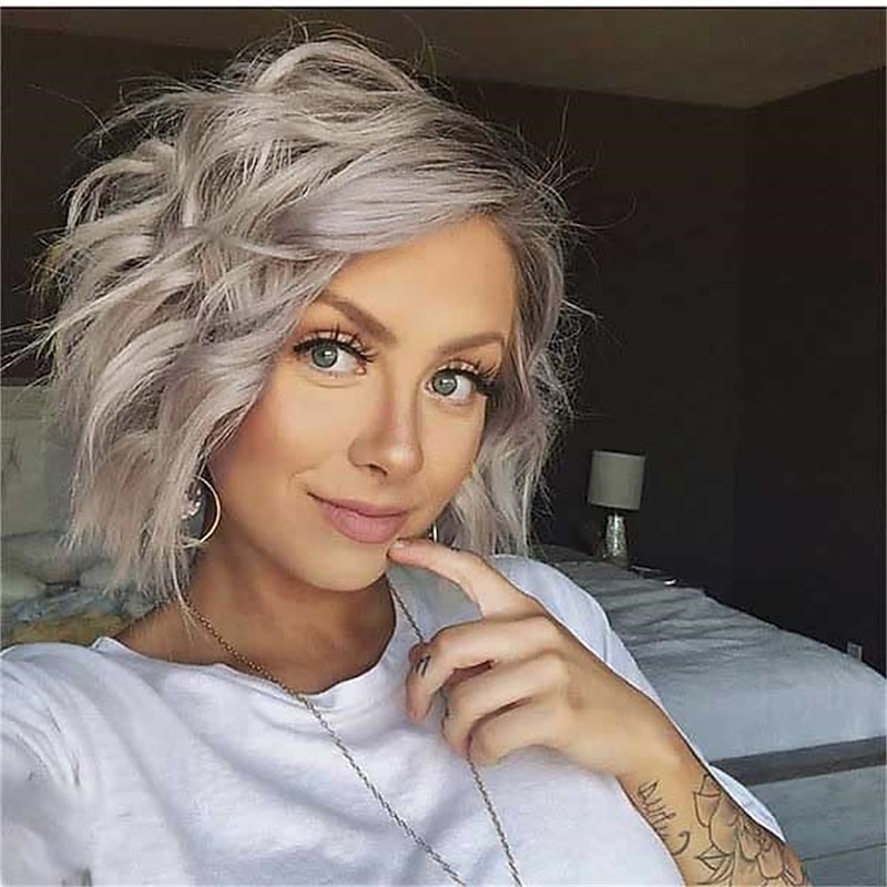Wavy Bob Wig Short Dark Grey Blonde Curly Bob Wigs for Women Chin Length Side Part Wavy Wigs for Girls Natural Looking Short Hair Wig for Daily Party Cosplay