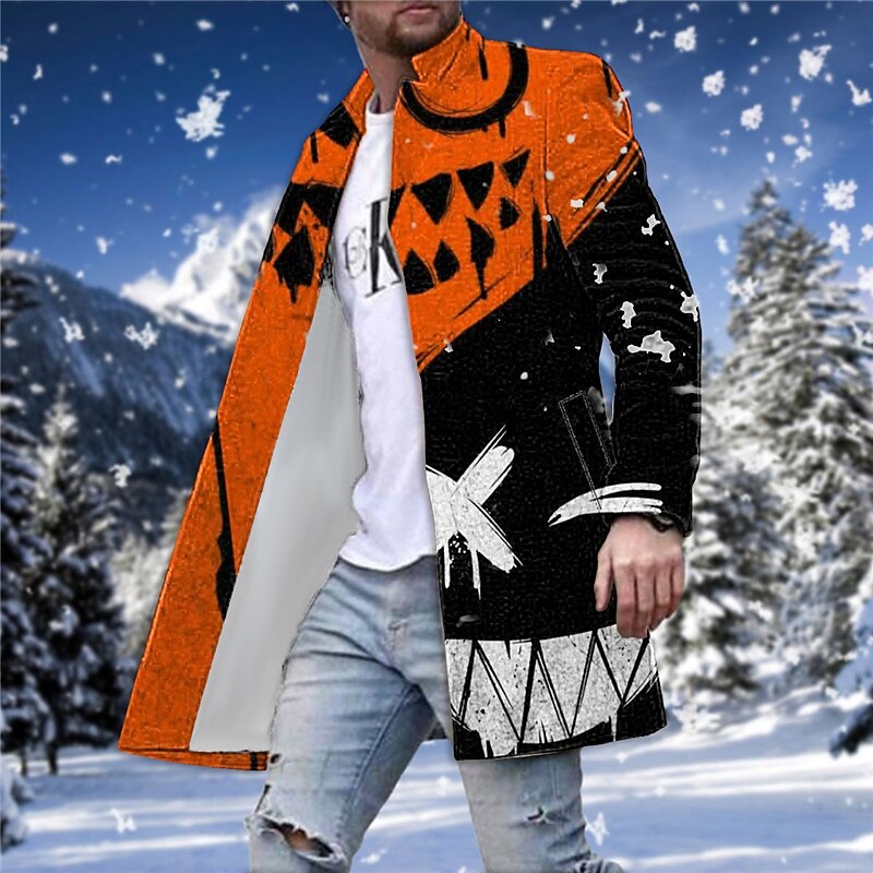 Men's Winter Coat Overcoat Coat Going out Weekend Print Fall & Winter Turndown Long Sleeve White Red Blue2