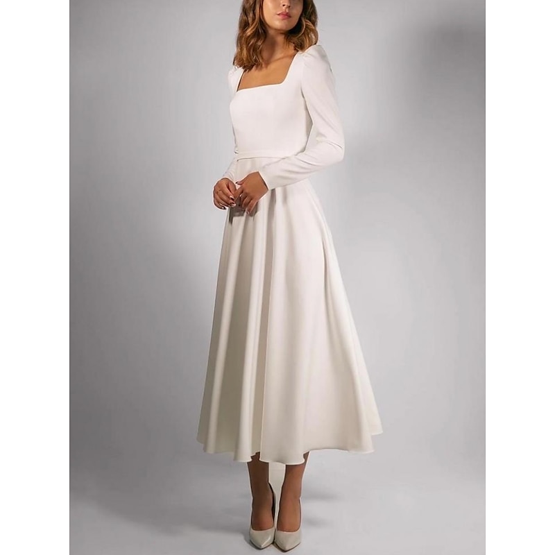 Beach Wedding Simple Wedding Dresses Casual Wedding Dresses A-Line Square Neck Long Sleeve Tea Length Stretch Fabric Bridal Gowns With Pleats Solid Color